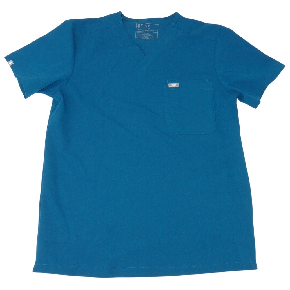 Figs Technical Collection Mens Teal Blue V-Neck Scrub Top Pocket Medium 3517
